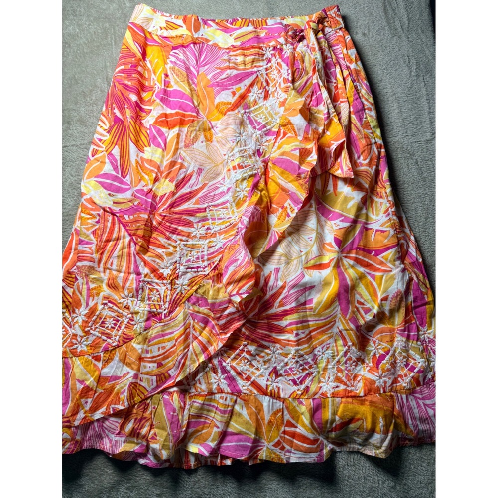 C&C California PTropical Floral Embroidered Ruffle Midi Skirt Med Beach Resort